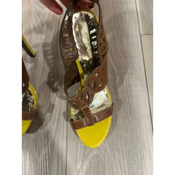 BCBGirls, Yellow Heels with Brown Straps. Size 7.5B, KB277 - Picture 3 of 5